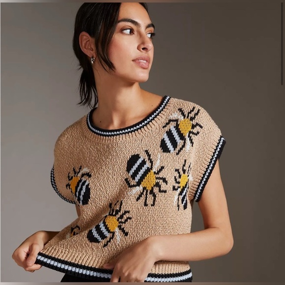 Anthropologie Sweaters - Anthropologie Beige Bee Intarsia Short-Sleeve Crew Sweater